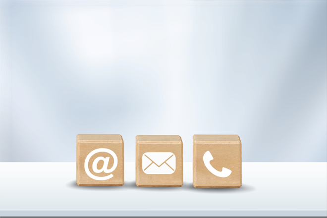 Image of a Contact us icon (phone, email, mail ) on wood cube, customer service and support